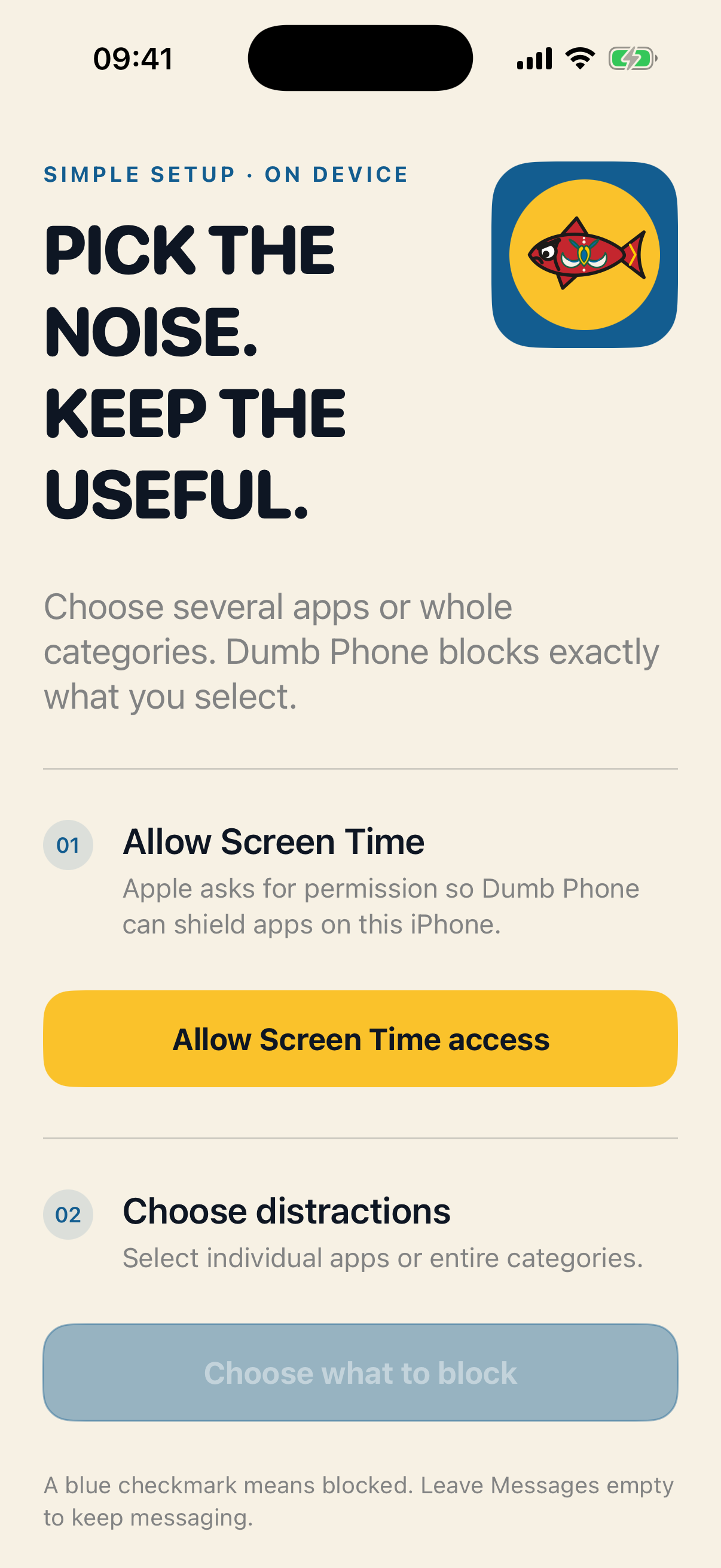 Dumb Phone setup screen with the Bad Herring fish and steps for Screen Time access and choosing distractions