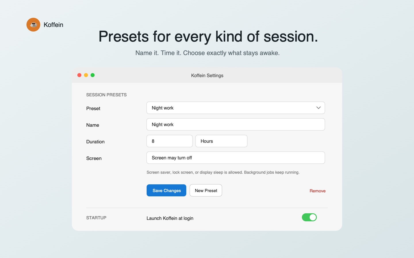 Koffein settings showing editable custom profiles and durations