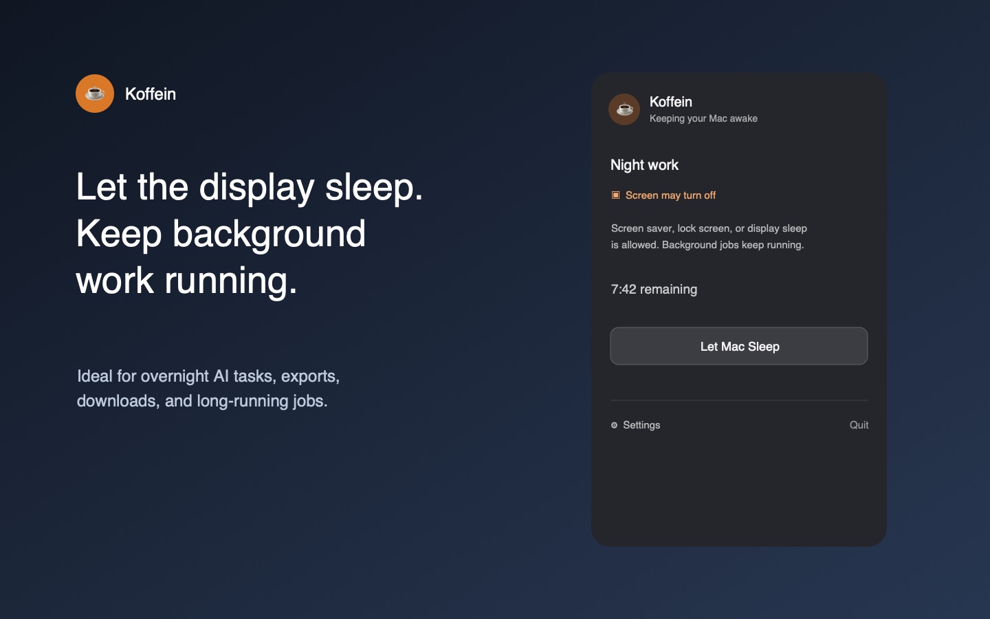 Koffein menu showing the Night Work profile while allowing the display to sleep