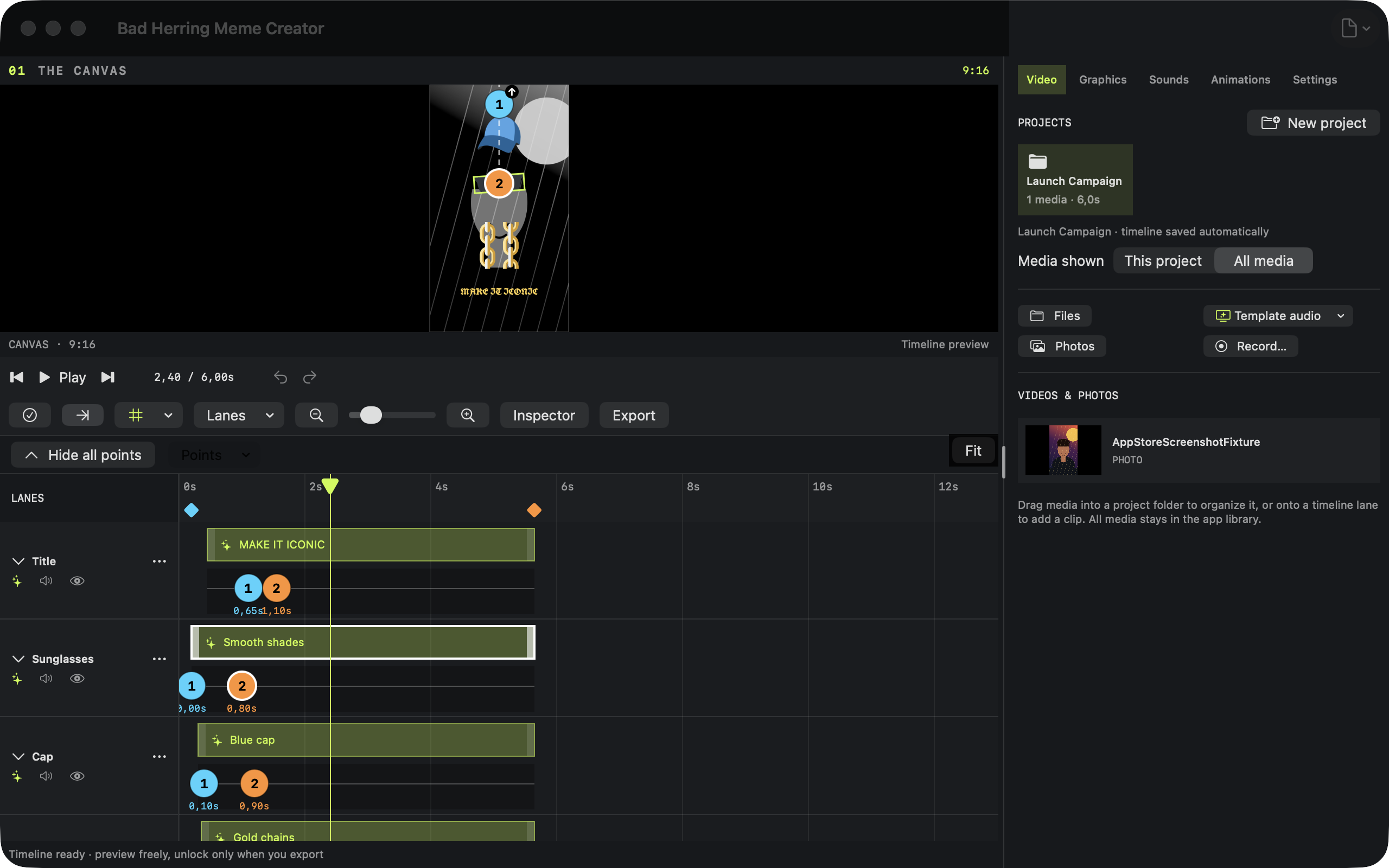 Meme Creator on Mac showing the canvas, animation lanes and media library